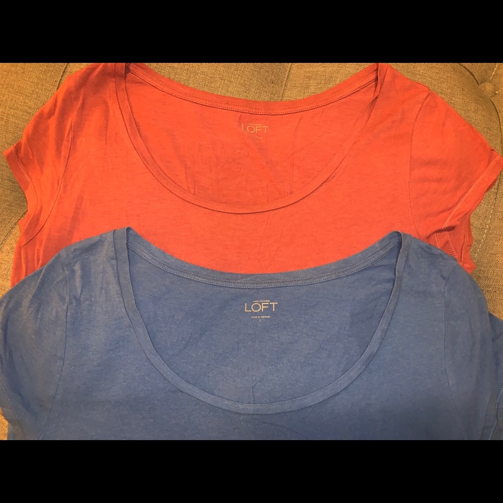 2 Ann Taylor LOFT Cotton T-Shirts Blue Pink Sz L - Picture 2 of 2